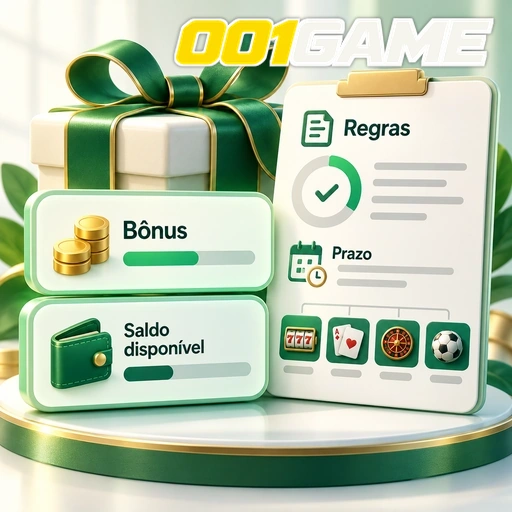 001GAME — ilustração de bônus, saldo disponível e lista de regras e prazos