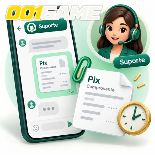 001GAME — ilustração de atendimento por chat com comprovante Pix e relógio