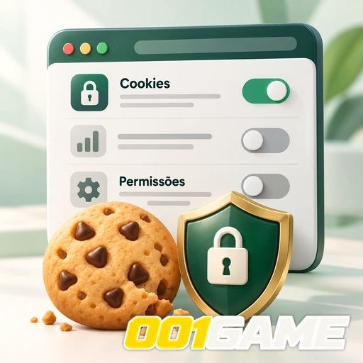 001GAME — ilustração de configurações de cookies e permissões com escudo e cadeado